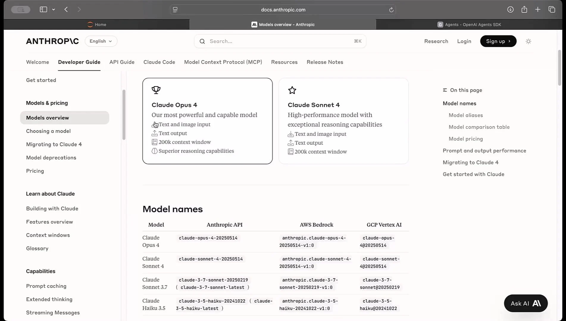 The image shows a webpage from Anthropic's developer guide, detailing different AI models like Claude Opus 4 and Claude Sonnet 4, along with their features. It also includes a table listing model names and APIs.