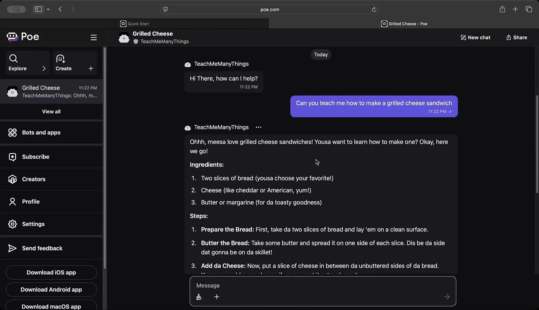 The image shows a chat conversation on a platform called Poe, where a user is asking how to make a grilled cheese sandwich. The response provides a list of ingredients and step-by-step instructions for making the sandwich.
