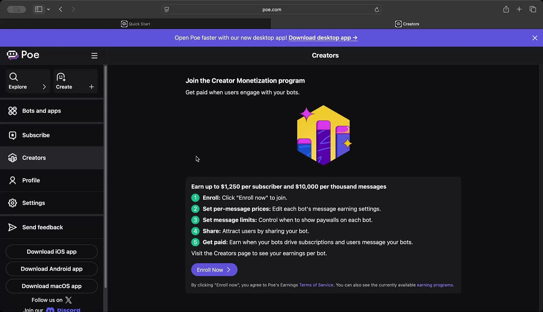 The image shows a webpage from Poe offering a Creator Monetization program, detailing how users can earn money by enrolling, setting message prices, limiting messages, sharing bots, and getting paid for subscriptions and user engagement. The page includes side navigation options and download links for various apps.