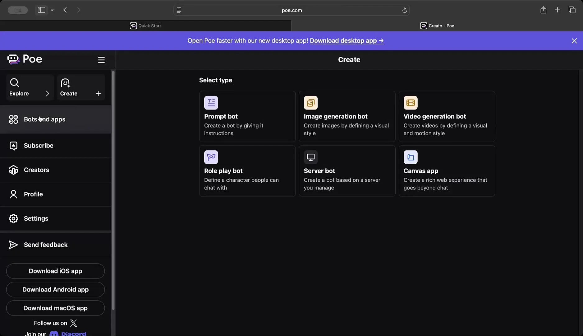 The image shows a user interface on the Poe website, featuring options to create various types of bots or apps, such as "Prompt bot," "Image generation bot," and "Video generation bot." On the left is a navigation menu with options including "Bots and apps," "Subscribe," and "Settings."