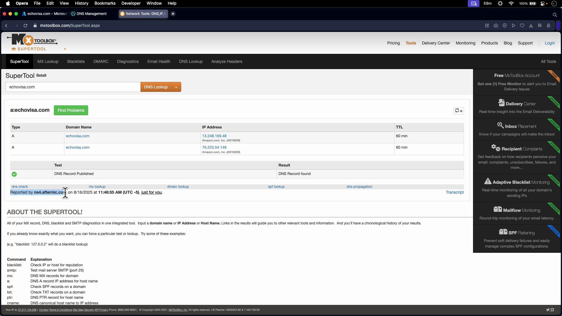 This image shows a screenshot of the MXToolbox SuperTool webpage displaying the DNS lookup results for "echovisa.com," including IP addresses and TTL information.