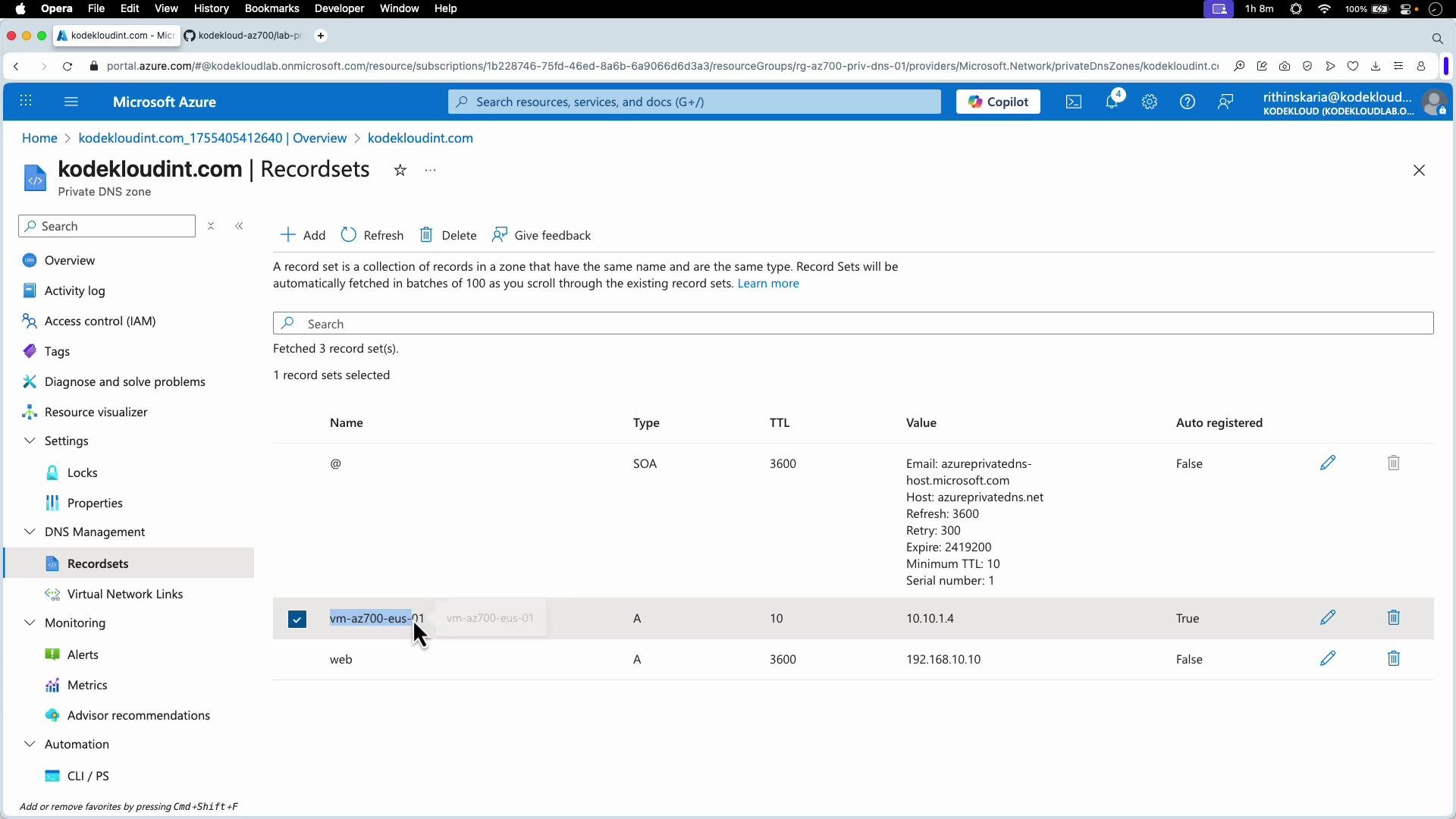 The image shows the Microsoft Azure portal interface displaying DNS records for a private DNS zone, where various record sets are listed with their types, TTL, and values.