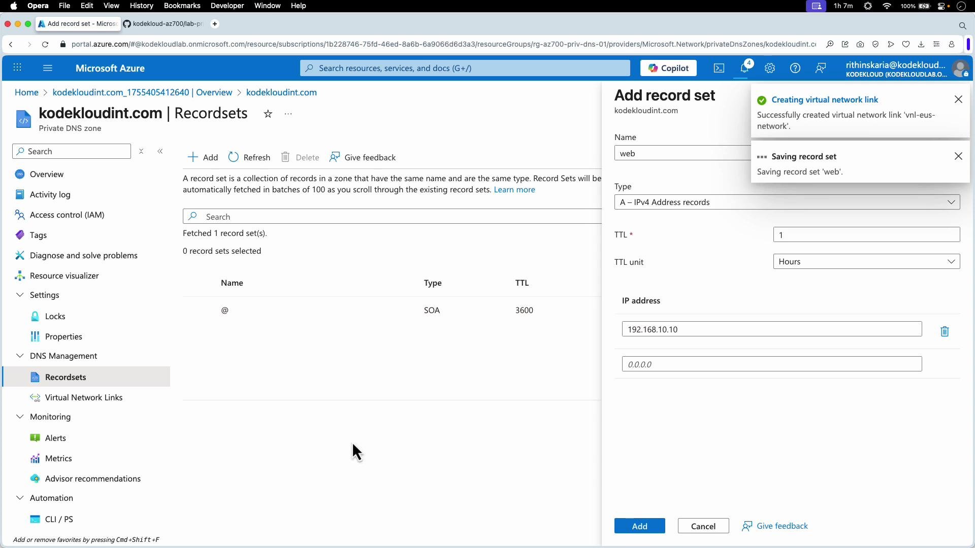 The image shows a Microsoft Azure portal interface, specifically the "Recordsets" section for a DNS zone, where a new A record is being added with an IP address of 192.168.10.10.