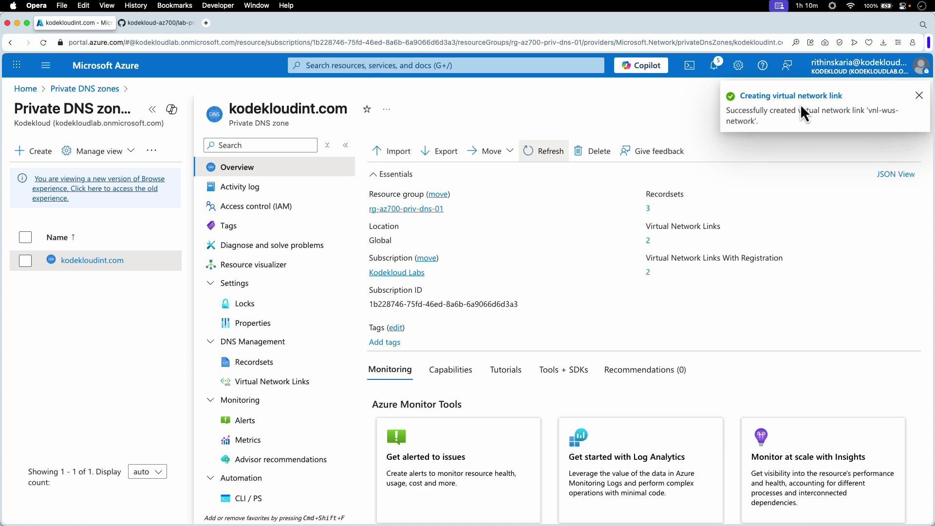 The image shows a Microsoft Azure portal interface displaying a private DNS zone overview for "kodeloudint.com" with details like resource groups, subscriptions, and virtual network links. A notification indicates the successful creation of a virtual network link.