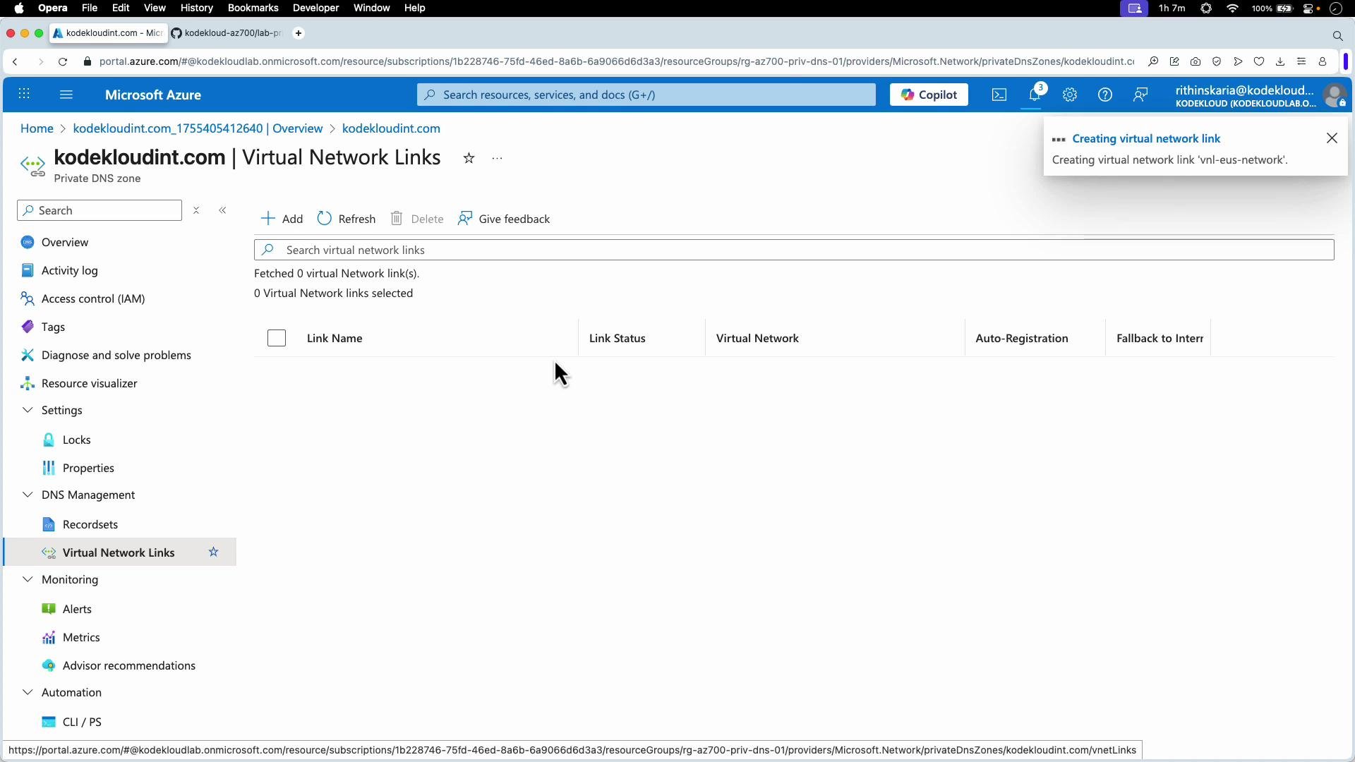The image shows a Microsoft Azure portal displaying the "Virtual Network Links" section for the domain "kodekloudint.com," with a notification about creating a virtual network link.