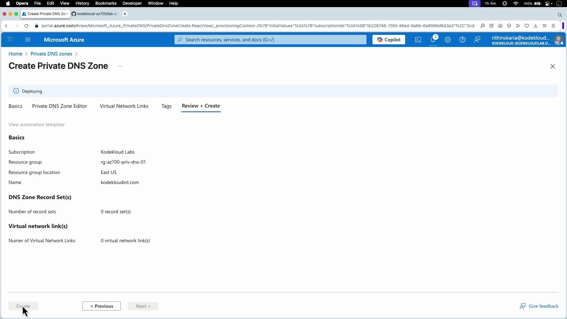 The image shows the "Review + Create" page for setting up a Private DNS Zone on the Microsoft Azure portal. It includes details like subscription, resource group, and DNS zone information.