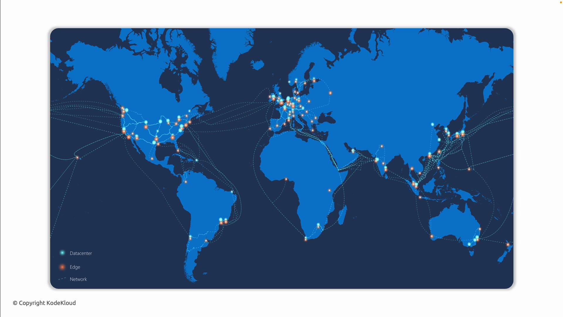 The image shows a global map with data centers, edge locations, and network connections marked worldwide. It highlights connectivity across various continents.