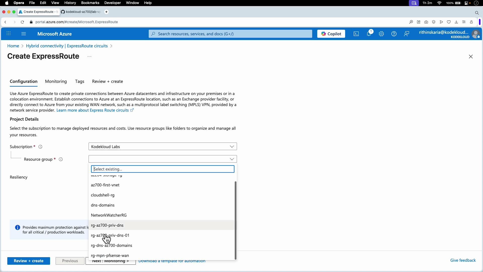 The image shows a Microsoft Azure interface for creating an ExpressRoute. It includes options for selecting a subscription, resource group, and resiliency settings.