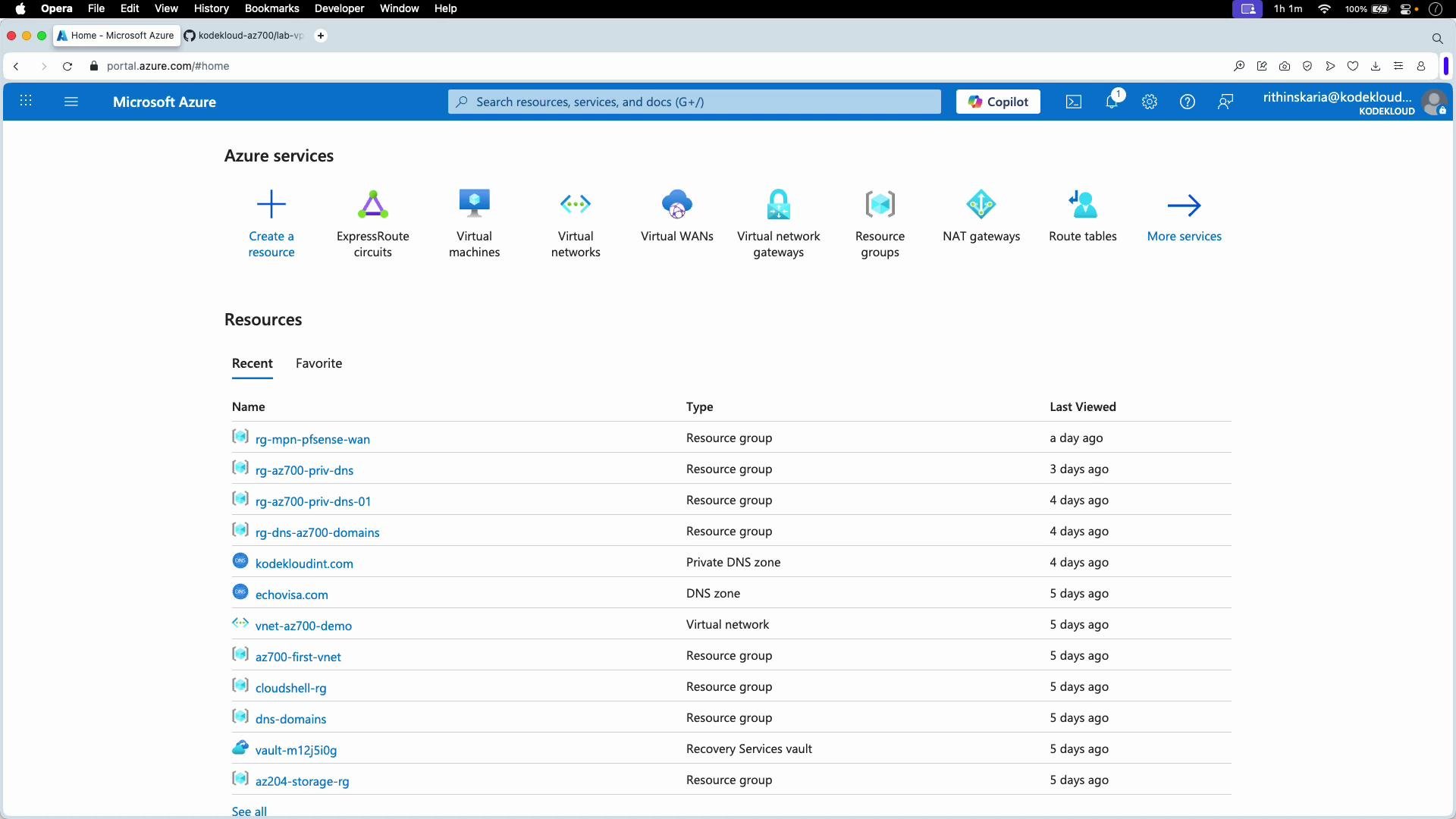 The image shows the Microsoft Azure portal dashboard, displaying various Azure services icons and a list of resources with their types and last viewed dates.