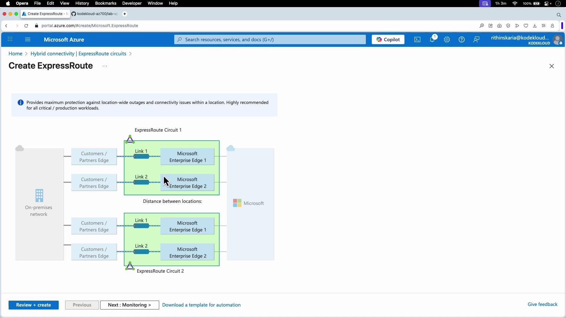 The image shows a Microsoft Azure portal interface for creating an ExpressRoute, with a diagram illustrating two ExpressRoute circuits connecting an on-premises network to Microsoft Enterprise Edges.