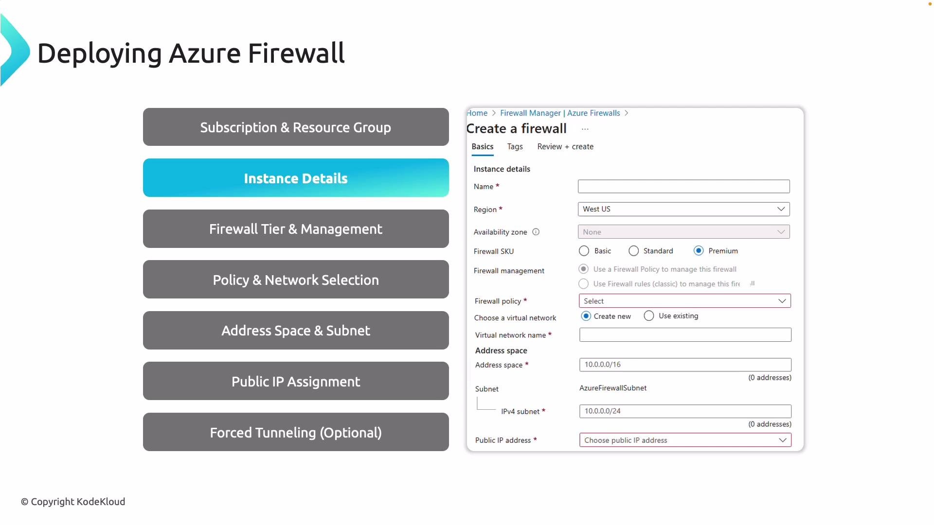 The image shows a guide for deploying an Azure Firewall, highlighting six steps on the left and a "Create a firewall" form on the right. The form includes details like name, region, SKU, virtual network, and address space settings.