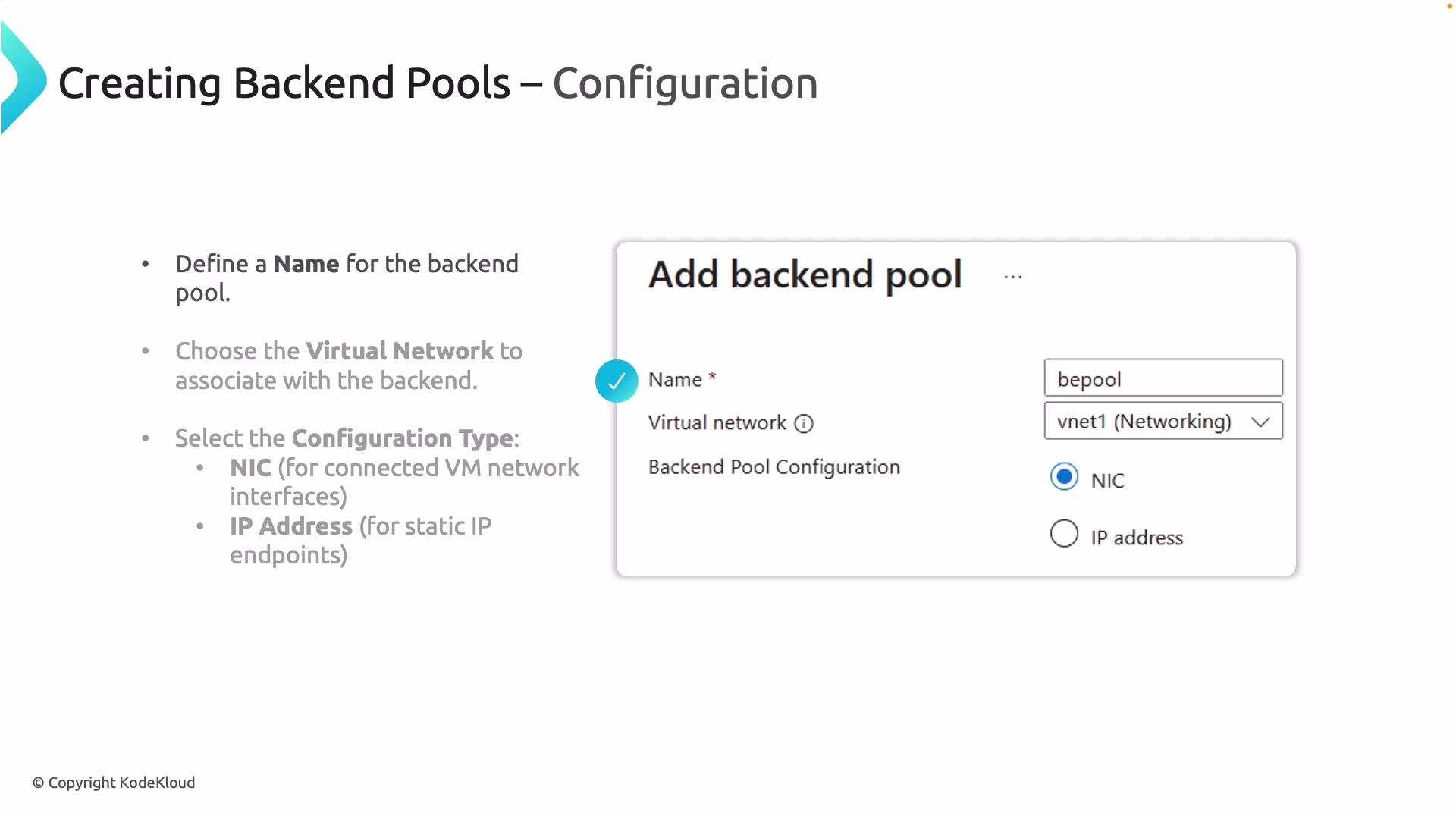 The image provides instructions and options for configuring backend pools, including naming the pool, choosing a virtual network, and selecting a configuration type (NIC or IP address). A configuration panel shows fields for inputting these settings.
