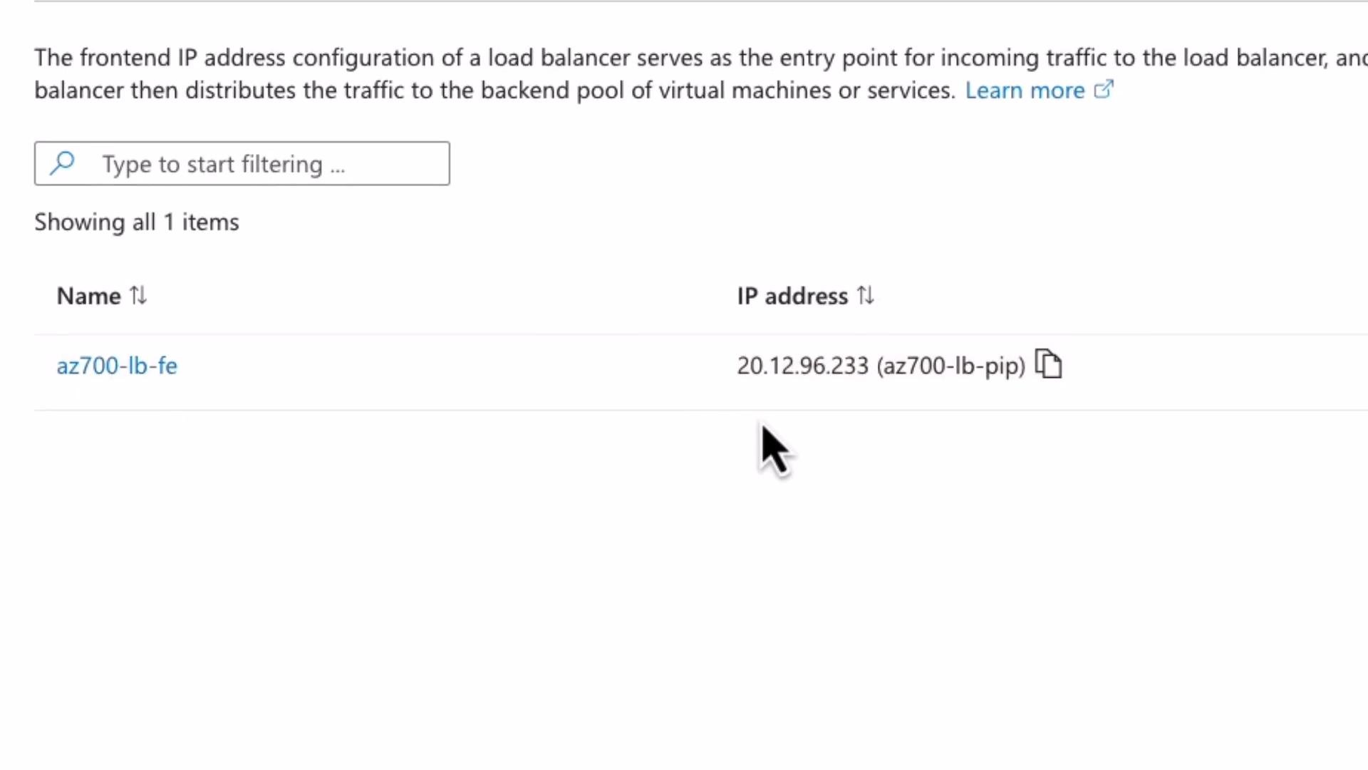 The image shows a configuration screen for a load balancer, displaying the frontend IP address 20.12.96.233 associated with the name az700-lb-fe.