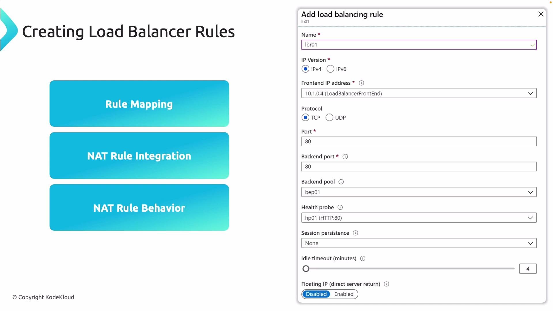 The image shows a user interface for creating load balancer rules, with a section for adding specific rule details such as IP version, protocol, and ports. On the left, there are buttons for "Rule Mapping," "NAT Rule Integration," and "NAT Rule Behavior."