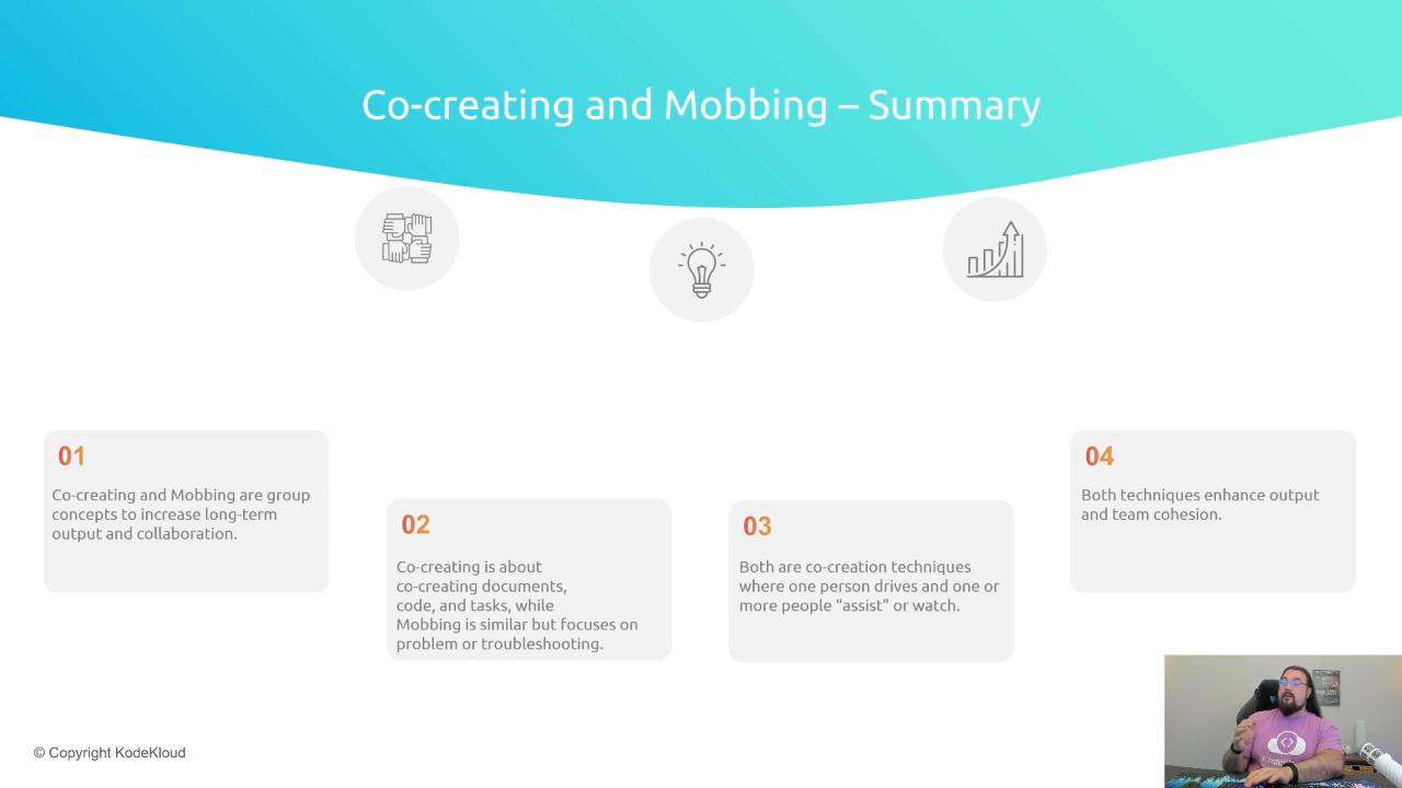 A presentation slide titled "Co-creating and Mobbing – Summary" showing four numbered summary points about co-creating and mobbing. In the bottom-right is a small video inset of a bearded person in a pink shirt speaking.