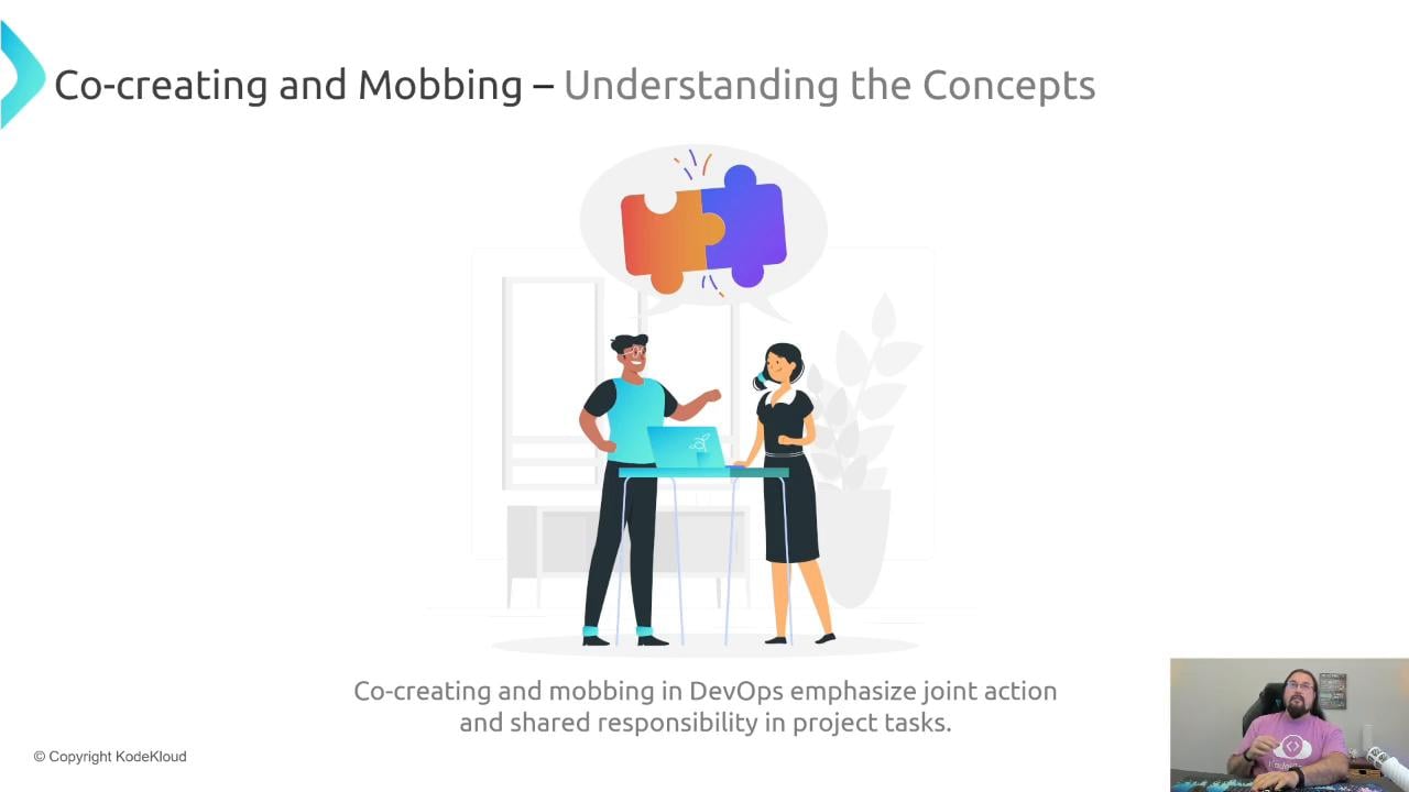The slide titled "Co-creating and Mobbing – Understanding the Concepts" shows an illustration of two colleagues standing at a high table with a laptop and a speech bubble containing two interlocking puzzle pieces. A caption below explains the DevOps focus on joint action and shared responsibility, and there's a small inset video of a man speaking in the bottom-right.