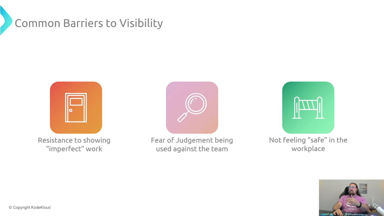 A presentation slide titled "Common Barriers to Visibility" with three colorful icons and captions: "Resistance to showing 'imperfect' work," "Fear of Judgement being used against the team," and "Not feeling 'safe' in the workplace." A small video thumbnail of a person presenting appears in the bottom-right corner.