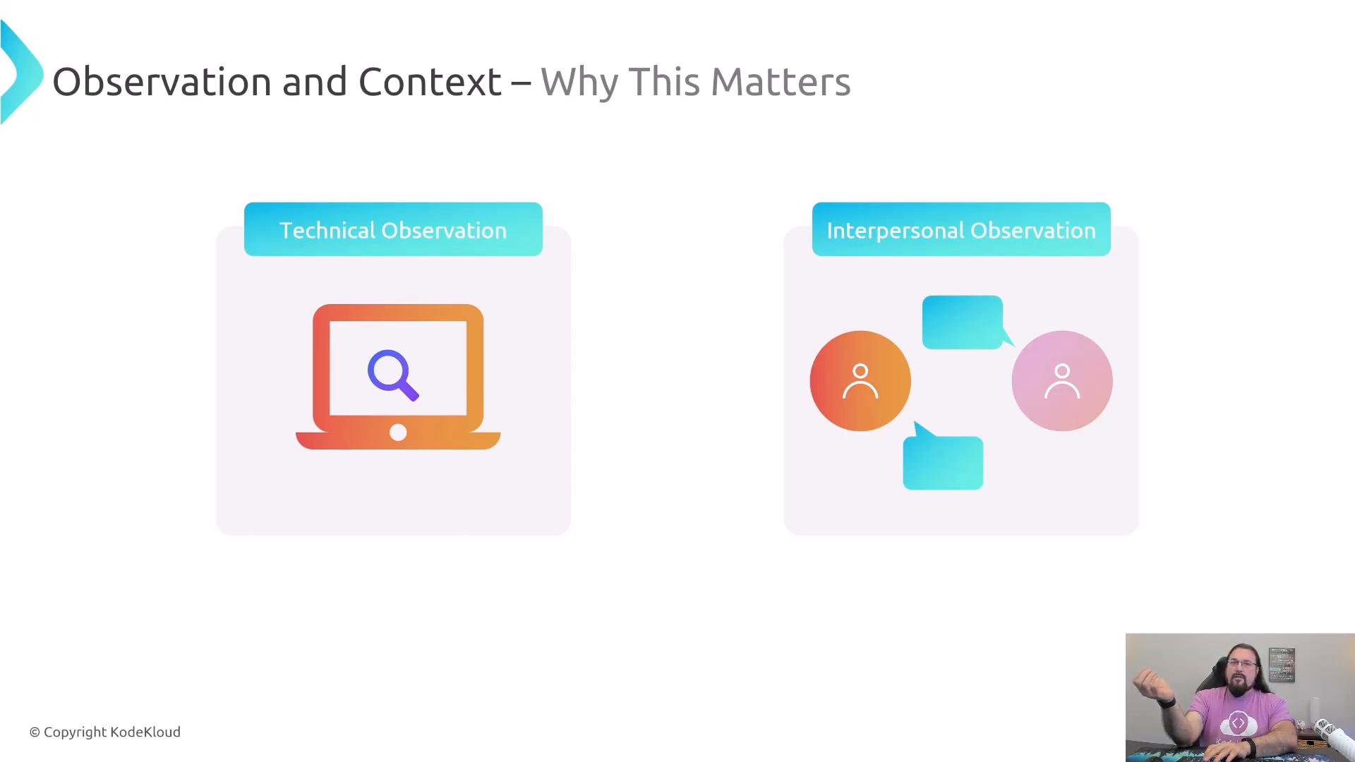 A presentation slide titled "Observation and Context — Why This Matters" showing two panels: "Technical Observation" with a laptop and magnifying-glass icon, and "Interpersonal Observation" with two user icons and speech bubbles. A small video inset of a person speaking appears in the bottom-right corner.