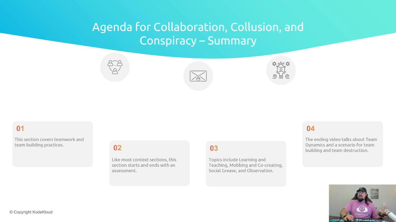 A presentation slide titled "Agenda for Collaboration, Collusion, and Conspiracy – Summary" showing four numbered summary boxes and icons. In the bottom-right corner there's a small video feed of a person wearing a pink shirt seated at a desk.