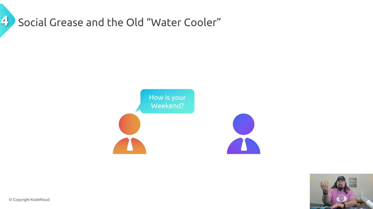 A presentation slide titled "Social Grease and the Old 'Water Cooler'" showing two colorful person icons—an orange one with a speech bubble that says "How is your Weekend?" facing a purple one. In the bottom-right corner is a small video overlay of a bearded man in a purple shirt gesturing.