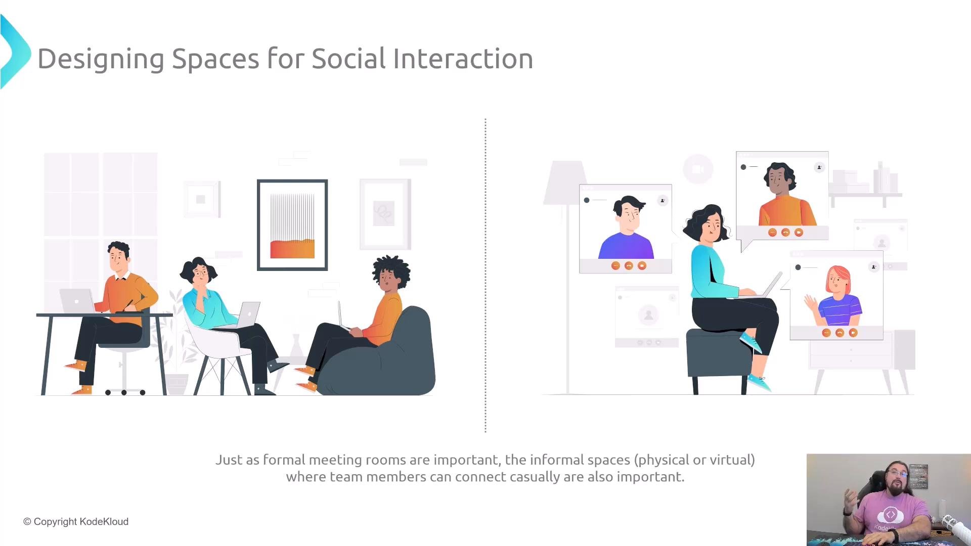 A presentation slide titled "Designing Spaces for Social Interaction" showing people in a casual office lounge on the left and a person connecting with teammates via video chat on the right. A small live webcam feed of a speaker appears in the bottom-right corner.