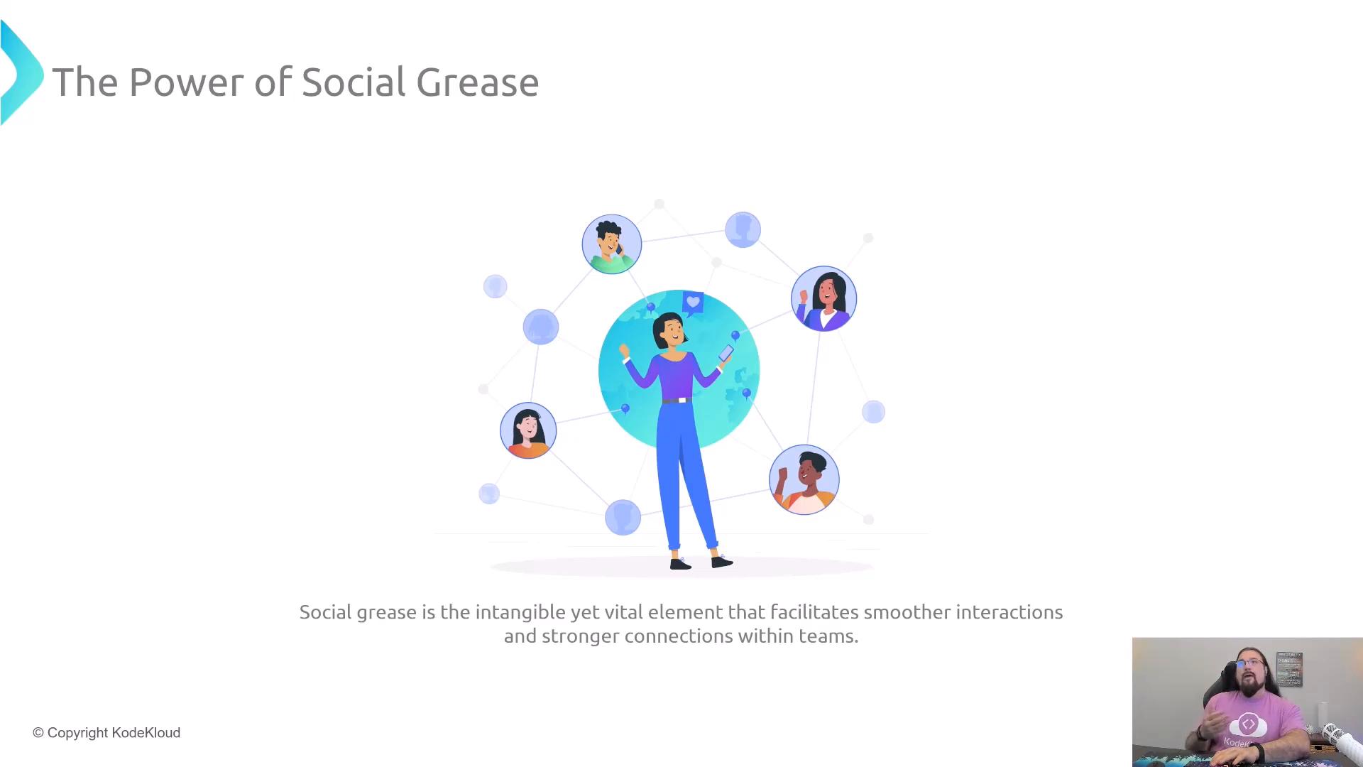 A slide titled "The Power of Social Grease" showing an illustration of a central person holding a phone connected by nodes to several avatar profile circles, representing a social network. A small webcam view of a man speaking appears in the bottom-right corner.