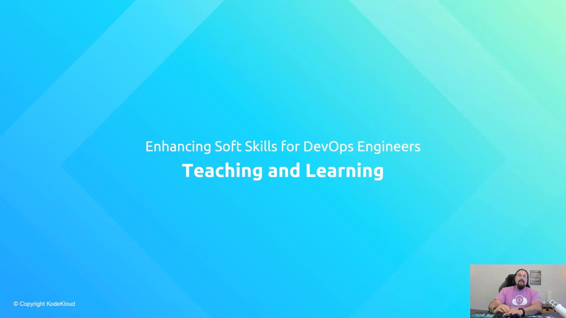 A blue presentation slide reading "Enhancing Soft Skills for DevOps Engineers — Teaching and Learning." A small webcam inset in the bottom-right shows a person speaking at a desk.