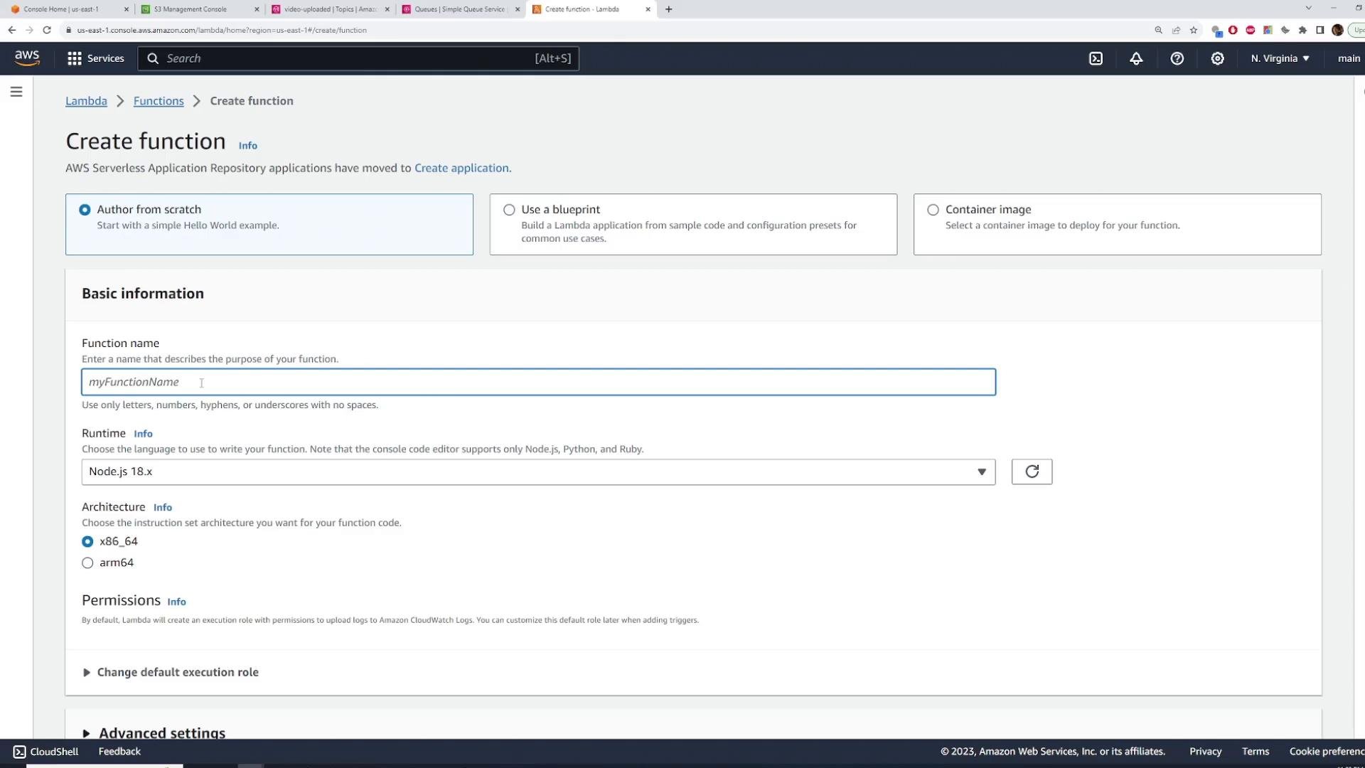 Screenshot of the AWS Lambda "Create function" console showing the "Author from scratch" option with a function name field filled as "myFunctionName", runtime set to Node.js 18.x, and architecture x86_64. The page also shows options for using a blueprint or a container image and sections for permissions and advanced settings.