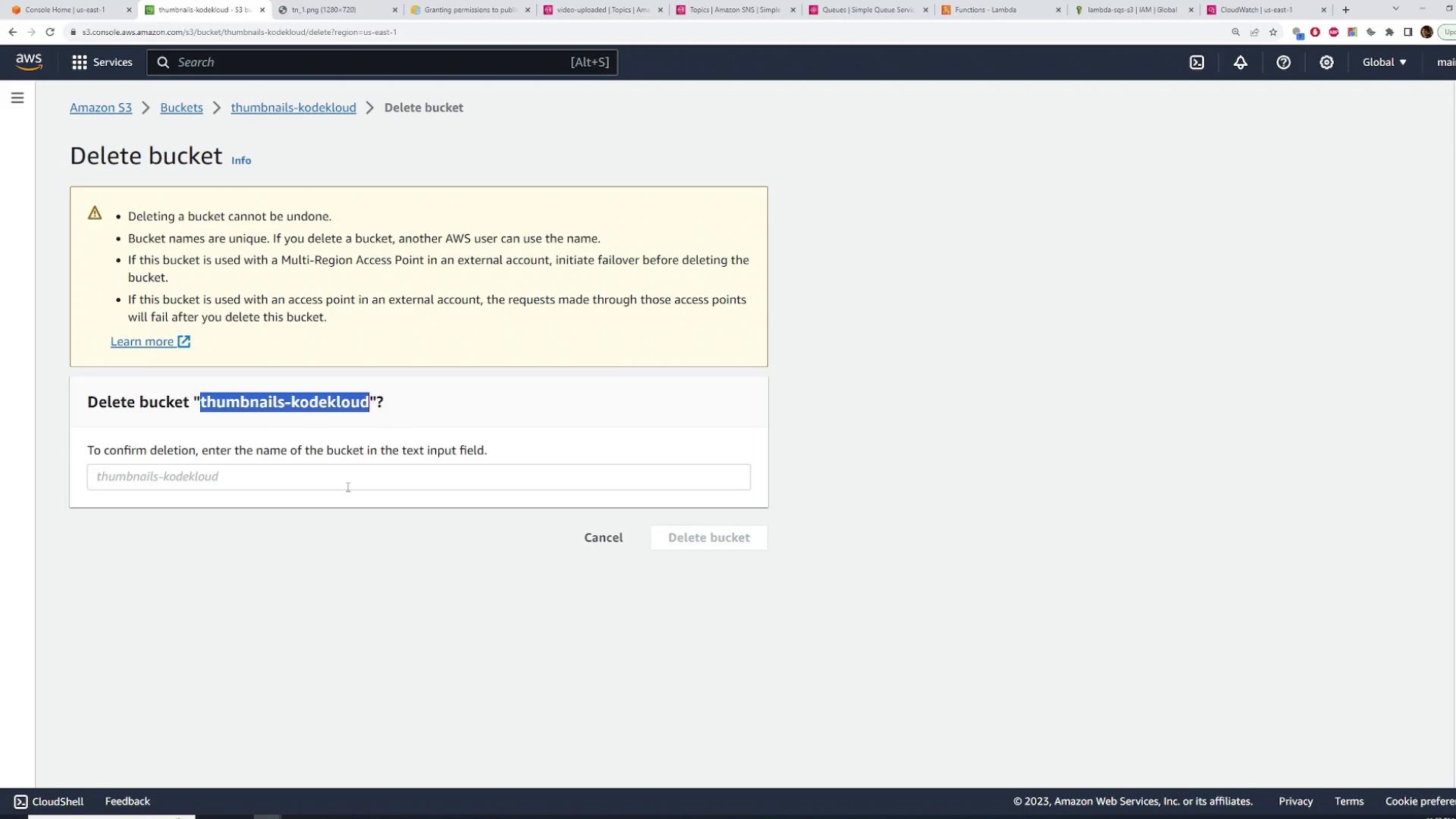A screenshot of the AWS S3 console showing the "Delete bucket" confirmation page for the bucket named "thumbnails-kodekloud." It includes warnings that deletion cannot be undone and a text field to type the bucket name to confirm.