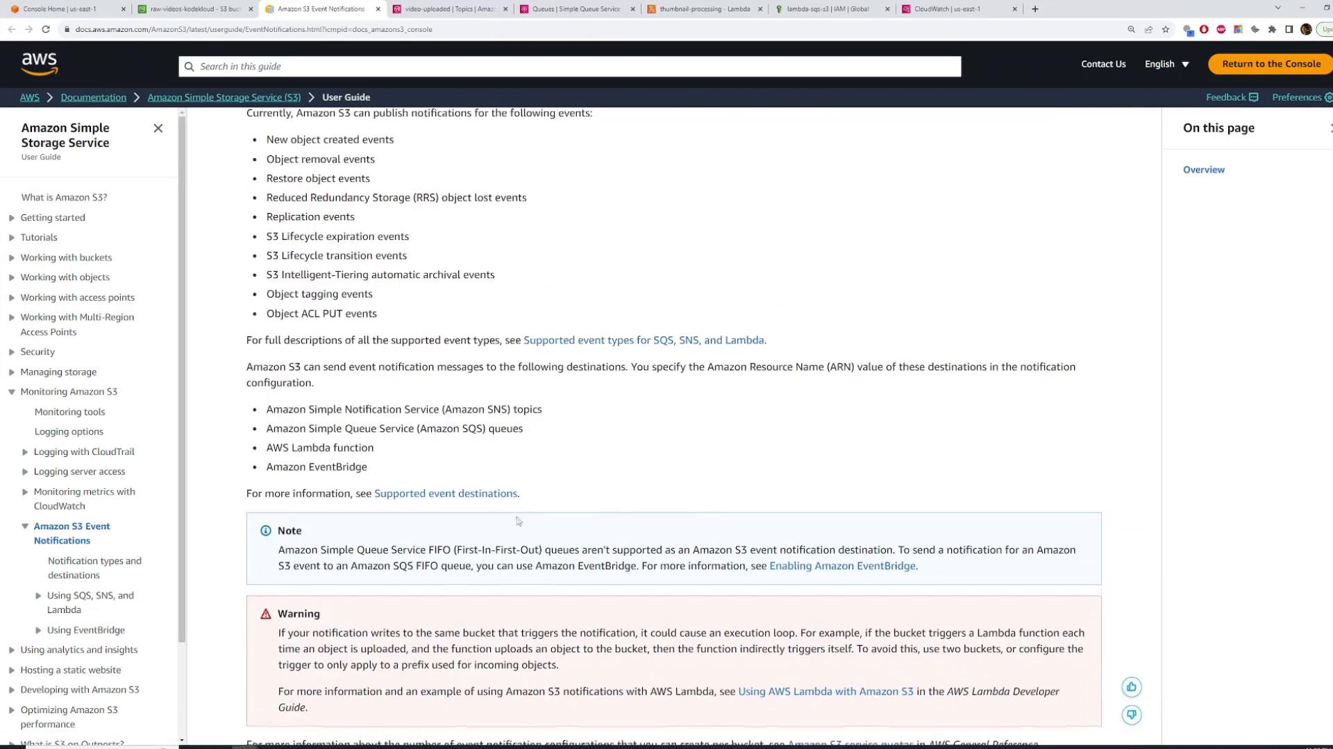 A screenshot of the AWS documentation page for Amazon Simple Storage Service (S3) Event Notifications. It shows a list of supported S3 event types and destinations (SNS, SQS, Lambda, EventBridge) with the left navigation menu and informational note/warning boxes.