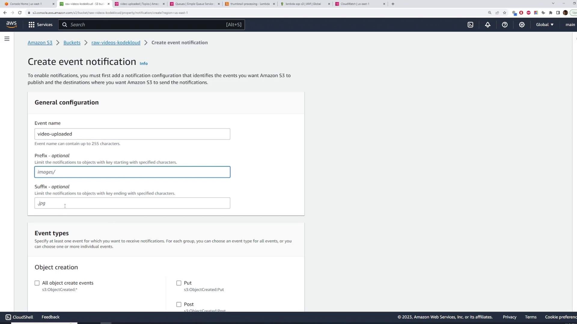 A screenshot of the Amazon S3 console showing the "Create event notification" page for a bucket, with the event name set to "video-uploaded" and filters Prefix "images/" and Suffix ".jpg". The lower part shows selectable object creation event types for the notification.