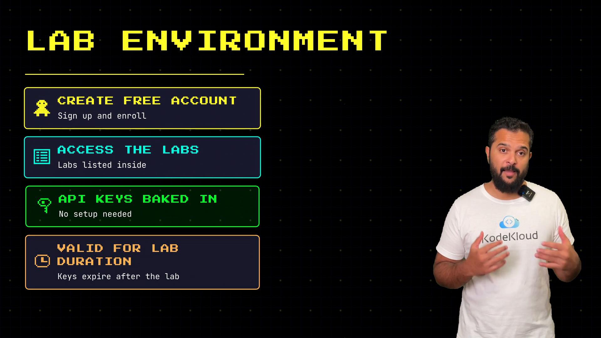 A presentation slide titled "LAB ENVIRONMENT" with colorful UI-style boxes listing steps like "Create free account," "Access the labs," and "API keys baked in" on the left. On the right, a bearded man in a white T-shirt wearing a clip microphone stands and gestures while speaking.