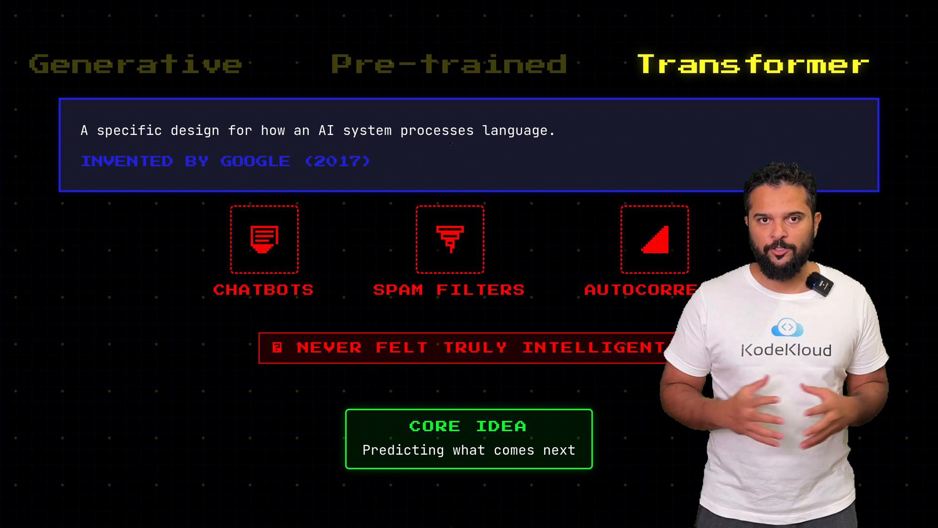 A presentation slide about "Generative Pre-trained Transformer" with text and icons for chatbots, spam filters, autocorrect, and a highlighted core idea "predicting what comes next." A person wearing a KodeKloud t-shirt and a clip-on microphone stands on the right, gesturing toward the slide.