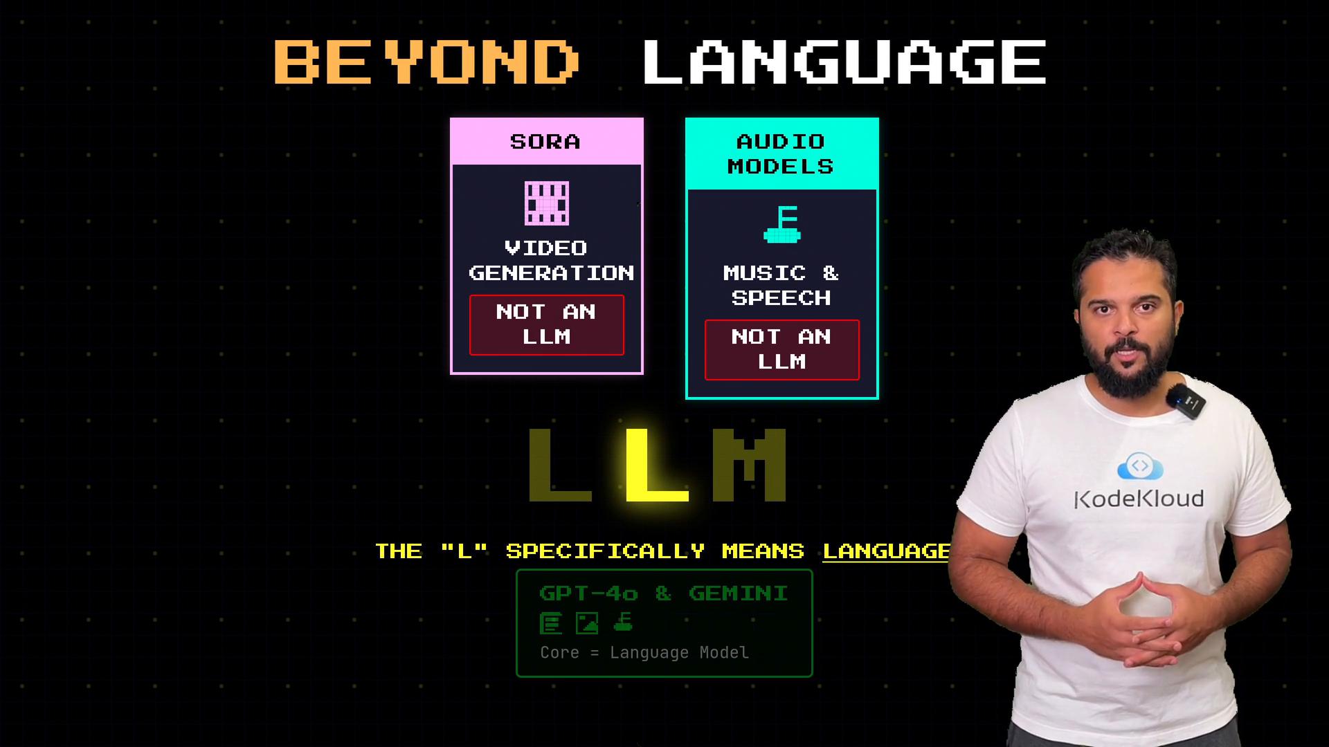 A presenter stands on the right wearing a white "KodeKloud" t-shirt. On the left is a retro-style infographic titled "BEYOND LANGUAGE" showing boxes for "SORA" video generation and "AUDIO MODELS" (both marked "NOT AN LLM") with a large glowing "LLM" in the center.