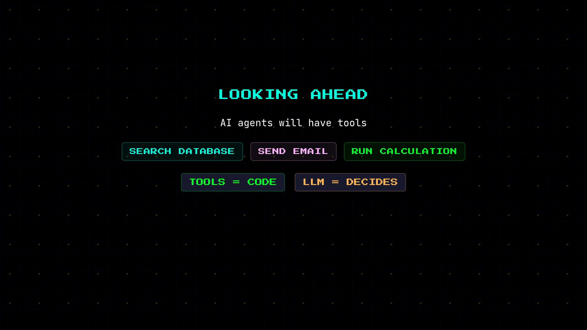 A retro-styled dark slide titled "LOOKING AHEAD" with the subtitle "AI agents will have tools." It displays colorful button-like labels such as "SEARCH DATABASE," "SEND EMAIL," "RUN CALCULATION," "TOOLS = CODE," and "LLM = DECIDES."