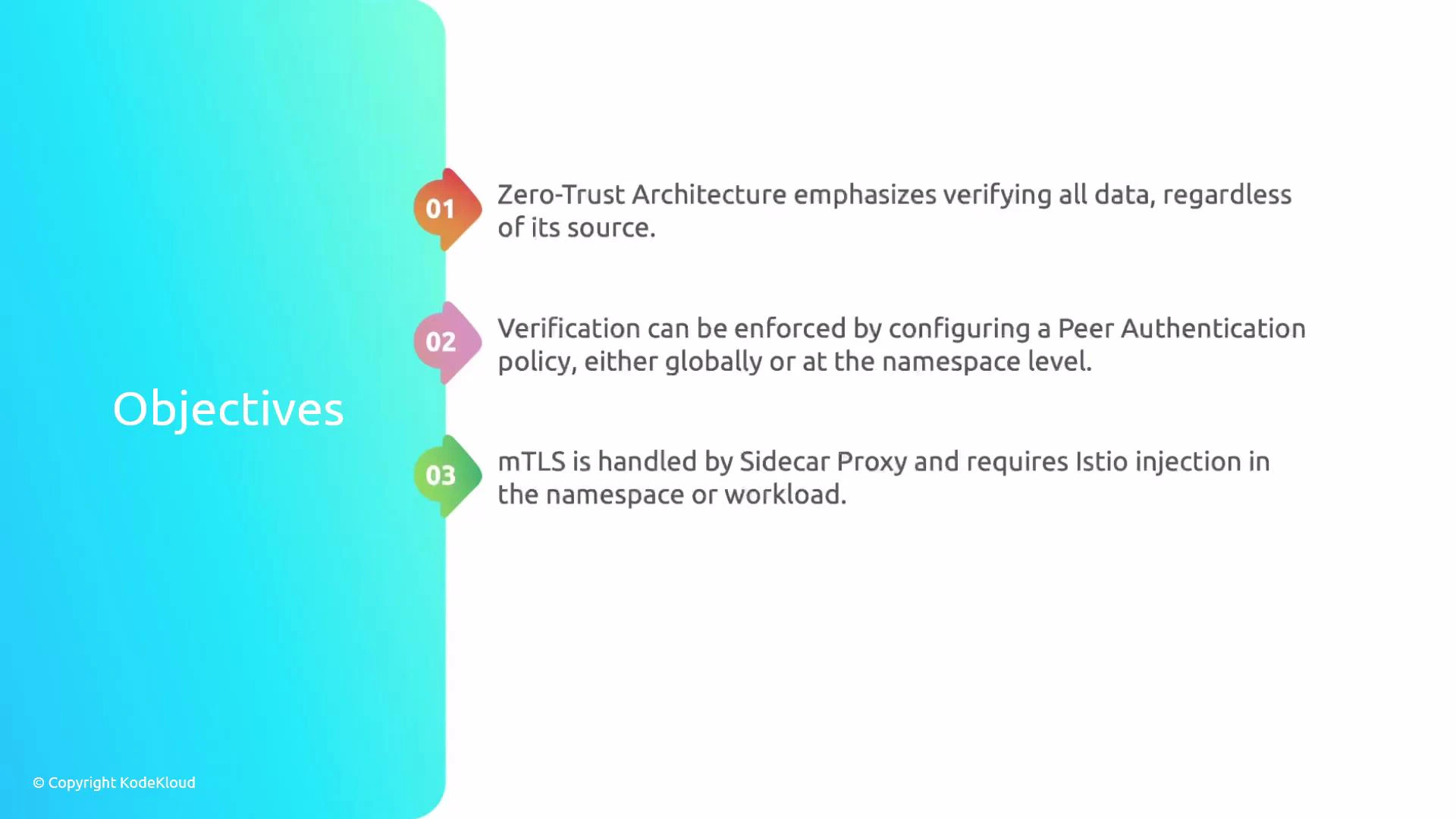 A presentation slide titled "Objectives" showing three numbered points about Zero‑Trust: verify all data regardless of source, enforce verification via PeerAuthentication policies, and use mTLS handled by a sidecar proxy requiring Istio injection.