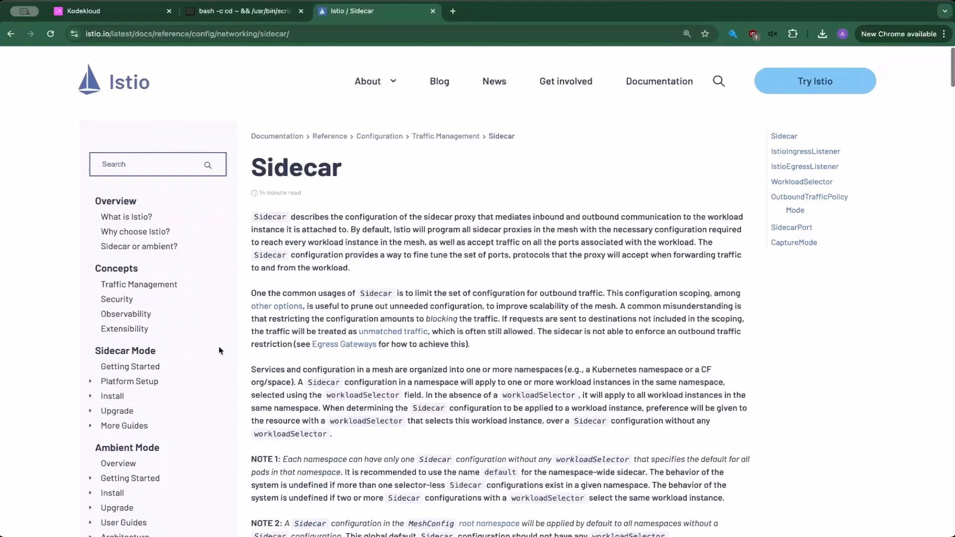 A screenshot of the Istio documentation webpage for "Sidecar," showing the article content in the center with a left navigation menu and site header (logo and "Try Istio" button).