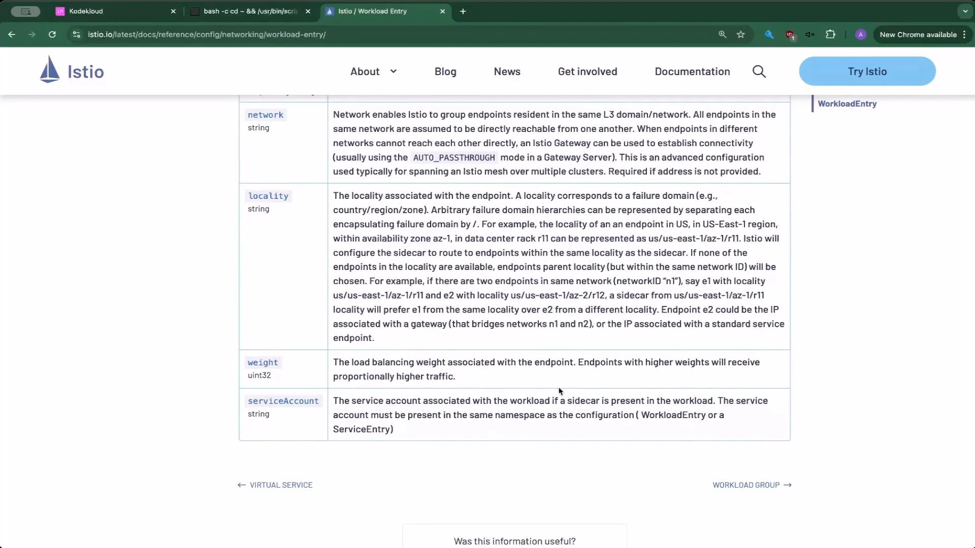 A screenshot of the Istio documentation webpage showing a table that describes WorkloadEntry fields and their meanings. Visible entries include "network", "locality", "weight", and "serviceAccount", with explanatory text and browser tabs at the top.
