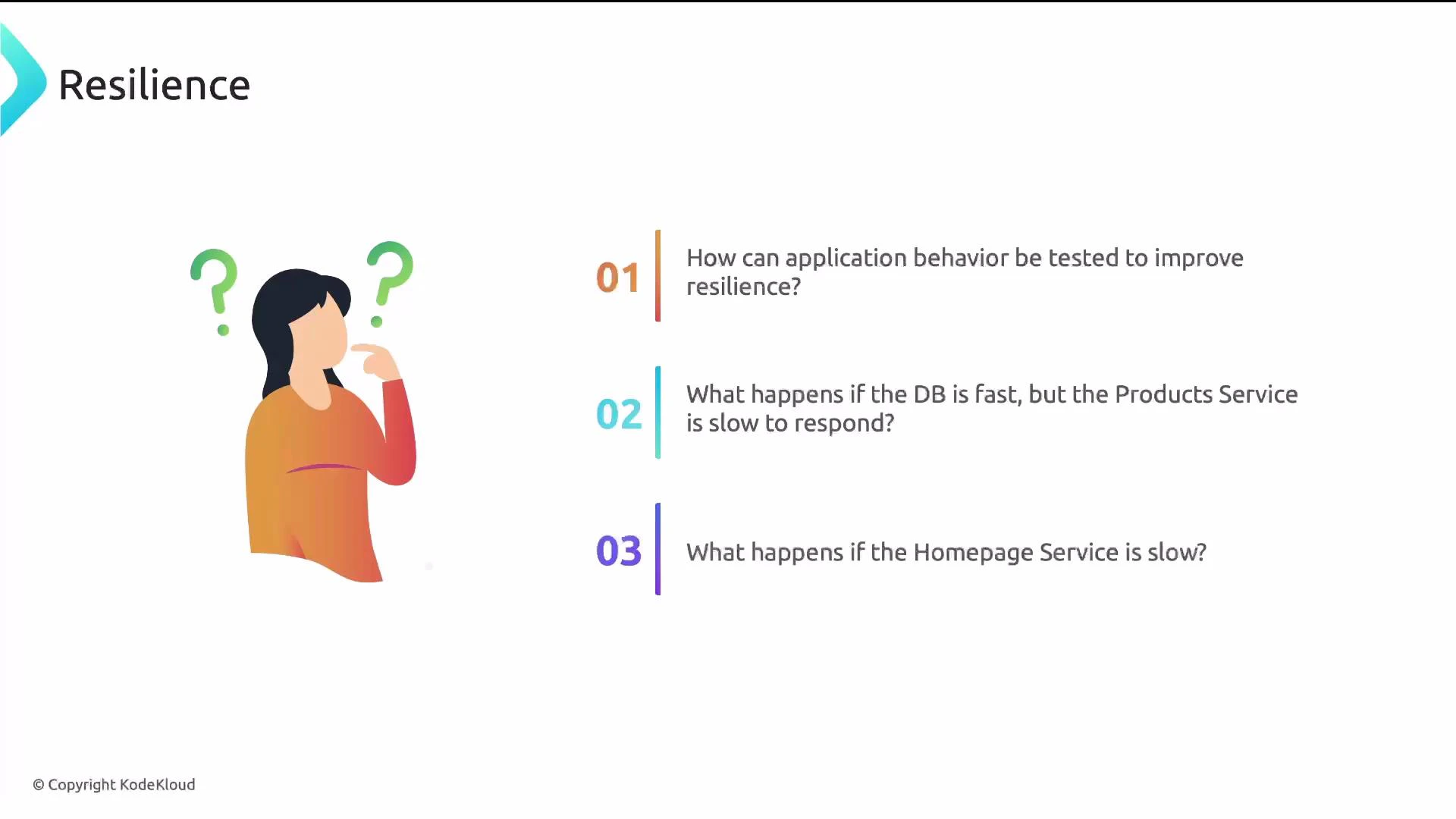 A slide titled "Resilience" showing a puzzled cartoon person on the left and three numbered questions on the right about testing application behavior and what happens when services (Products, Homepage) or the database are slow. The slide is copyrighted to KodeKloud.