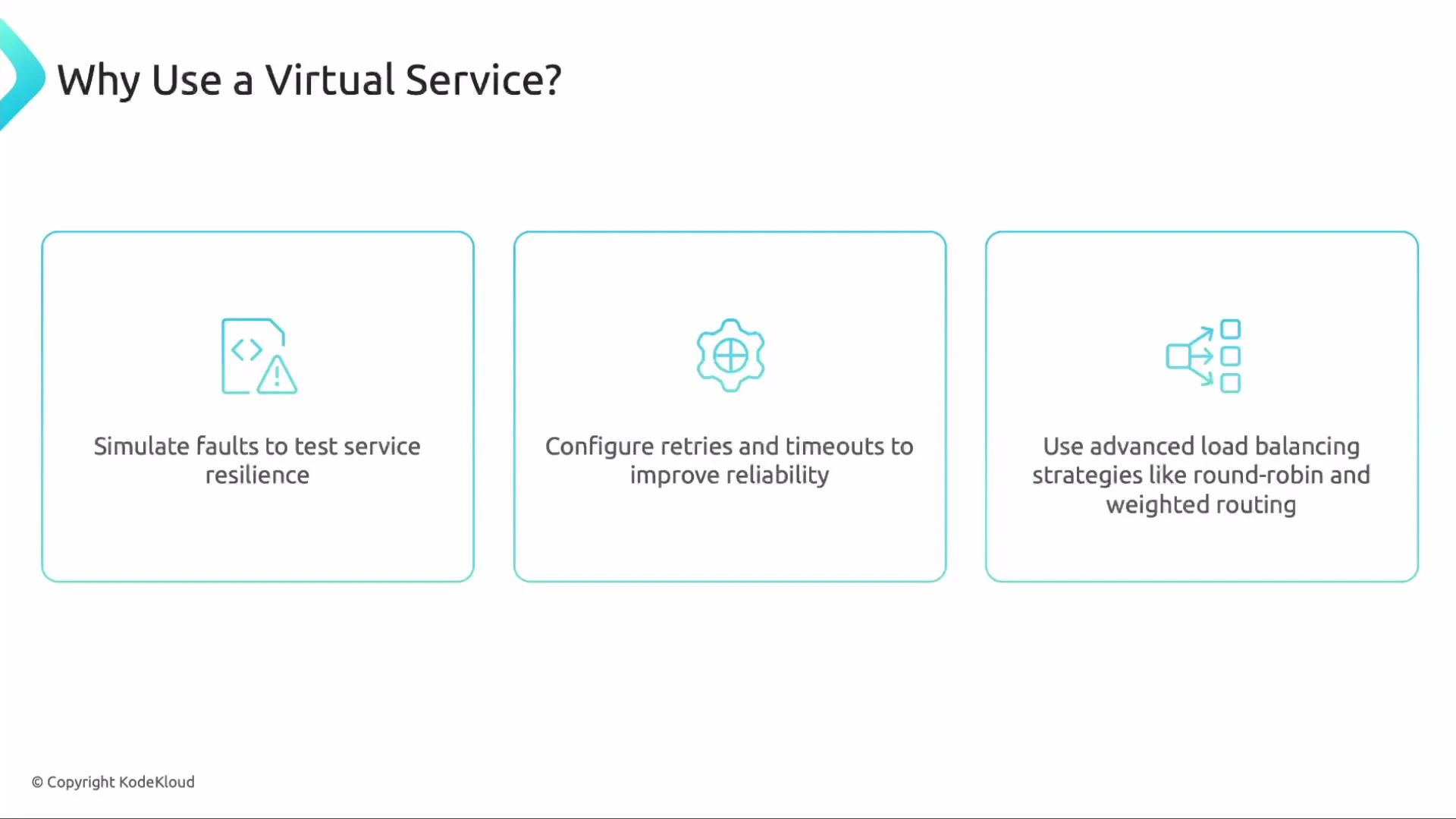 A slide titled "Why Use a Virtual Service?" showing three boxed benefits. It lists: simulate faults to test service resilience; configure retries and timeouts to improve reliability; and use advanced load‑balancing strategies like round‑robin and weighted routing.