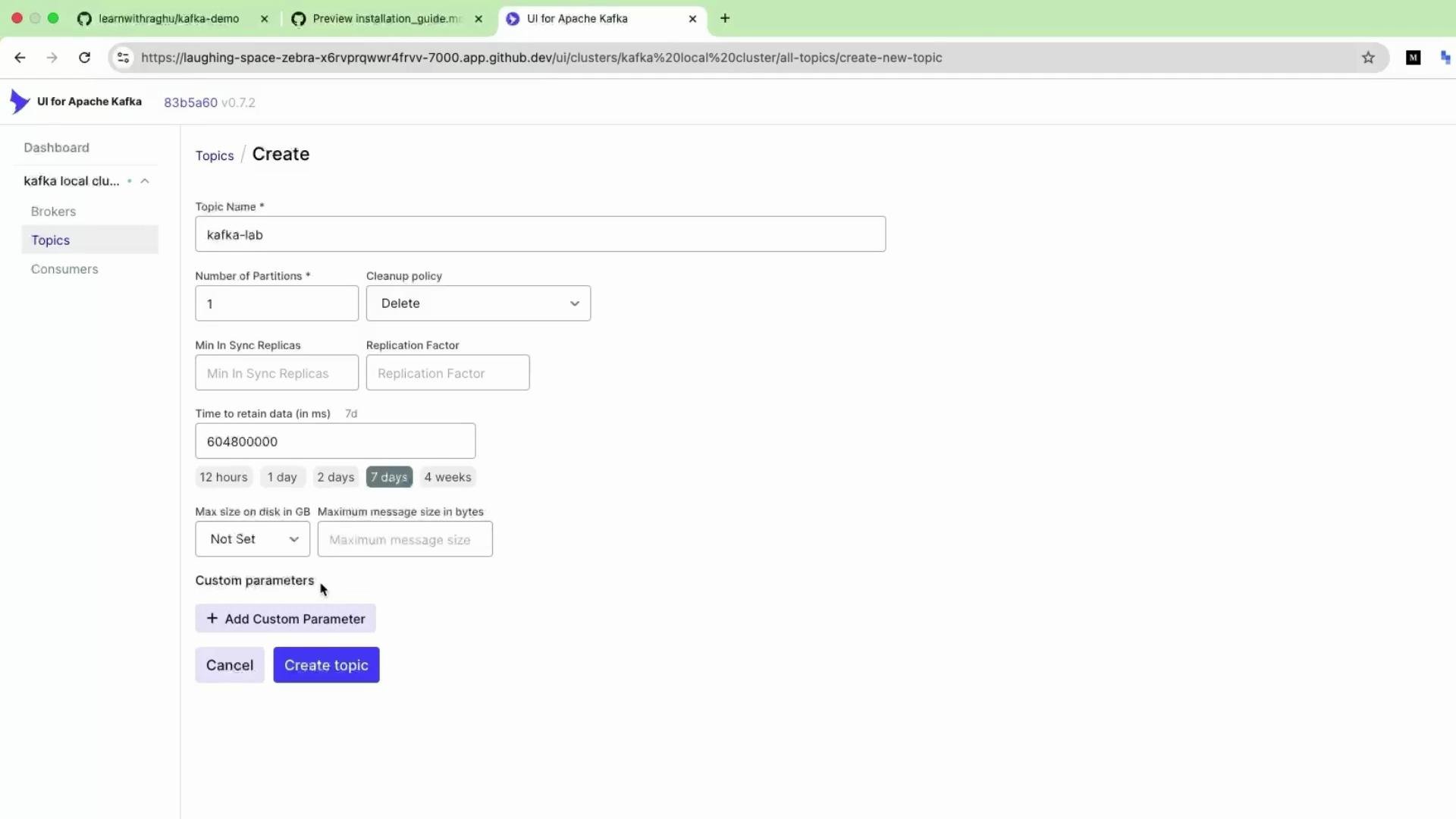 The image shows a web interface for creating a new topic in Apache Kafka. It includes fields for topic name, number of partitions, cleanup policy, and other configuration options.
