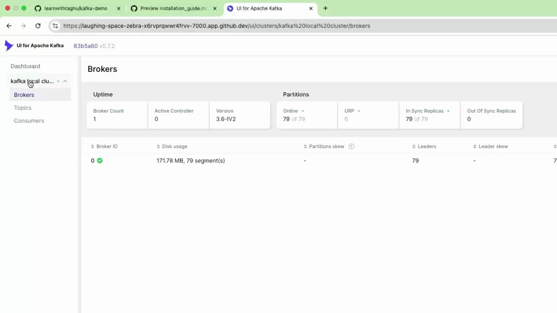 The image shows a UI for Apache Kafka displaying broker information, including broker count, active controller, disk usage, and partition details for a local cluster.