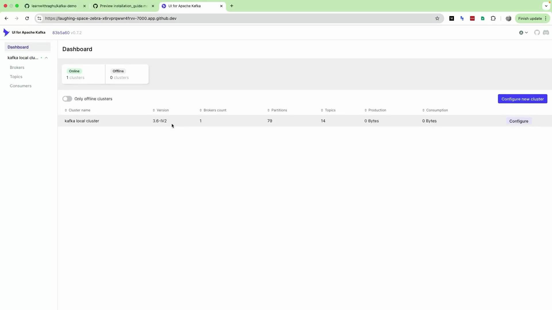 The image shows a dashboard of a UI for Apache Kafka, displaying details of an online cluster named "kafka local cluster," including version, broker count, partitions, topics, and data production and consumption metrics.