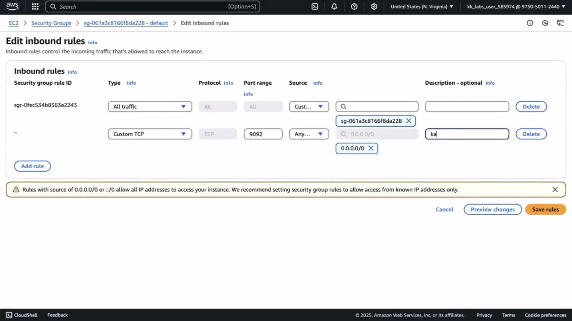 The image shows an AWS console interface for editing inbound rules, displaying security group settings for allowing specific traffic types and port ranges. There is a warning about rules allowing access from all IP addresses.