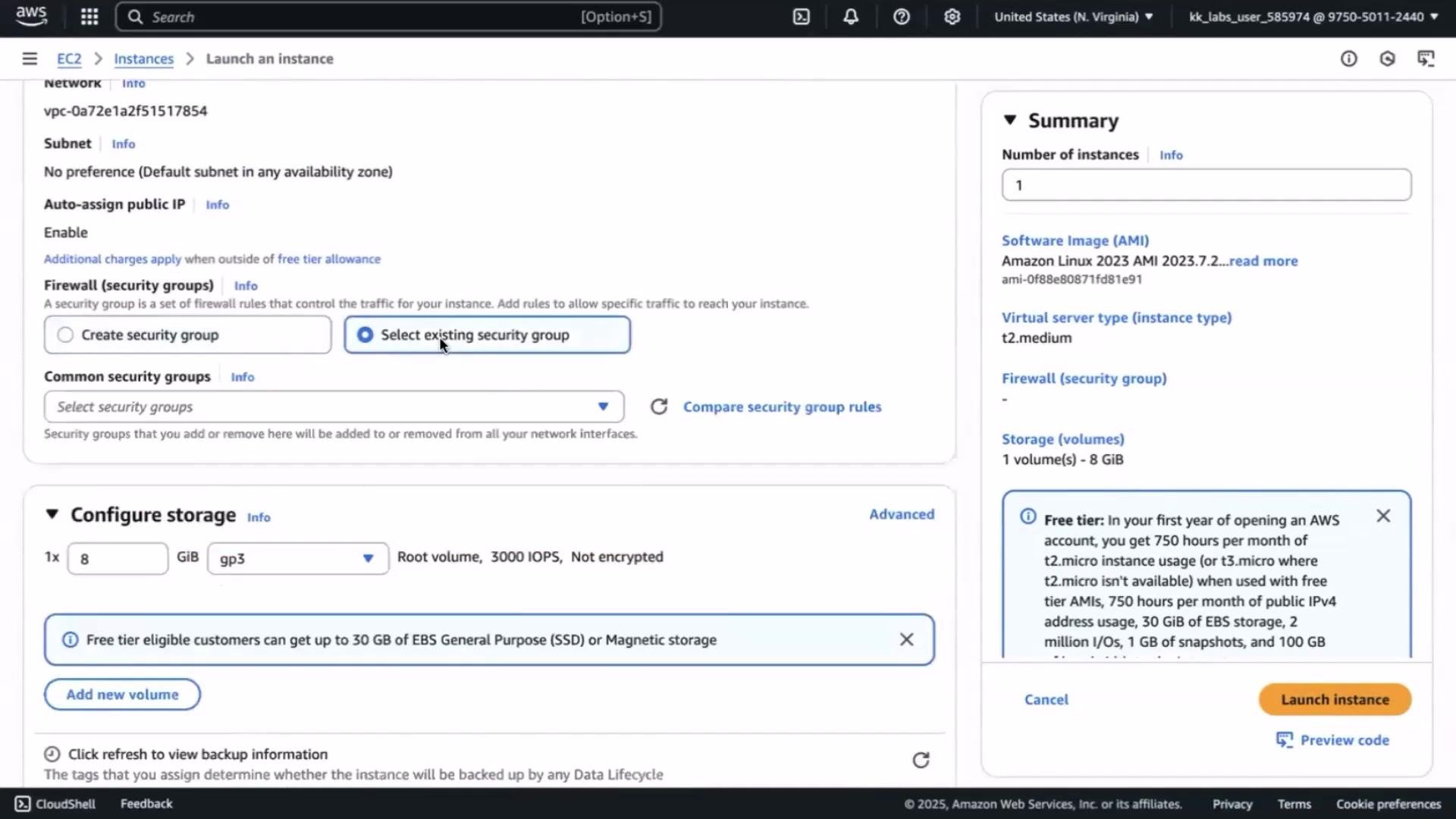 The image shows a portion of the AWS EC2 management console, where a user is configuring the settings for launching an EC2 instance. The settings include network, firewall, and storage configurations, along with a summary of the instance details and free tier information.
