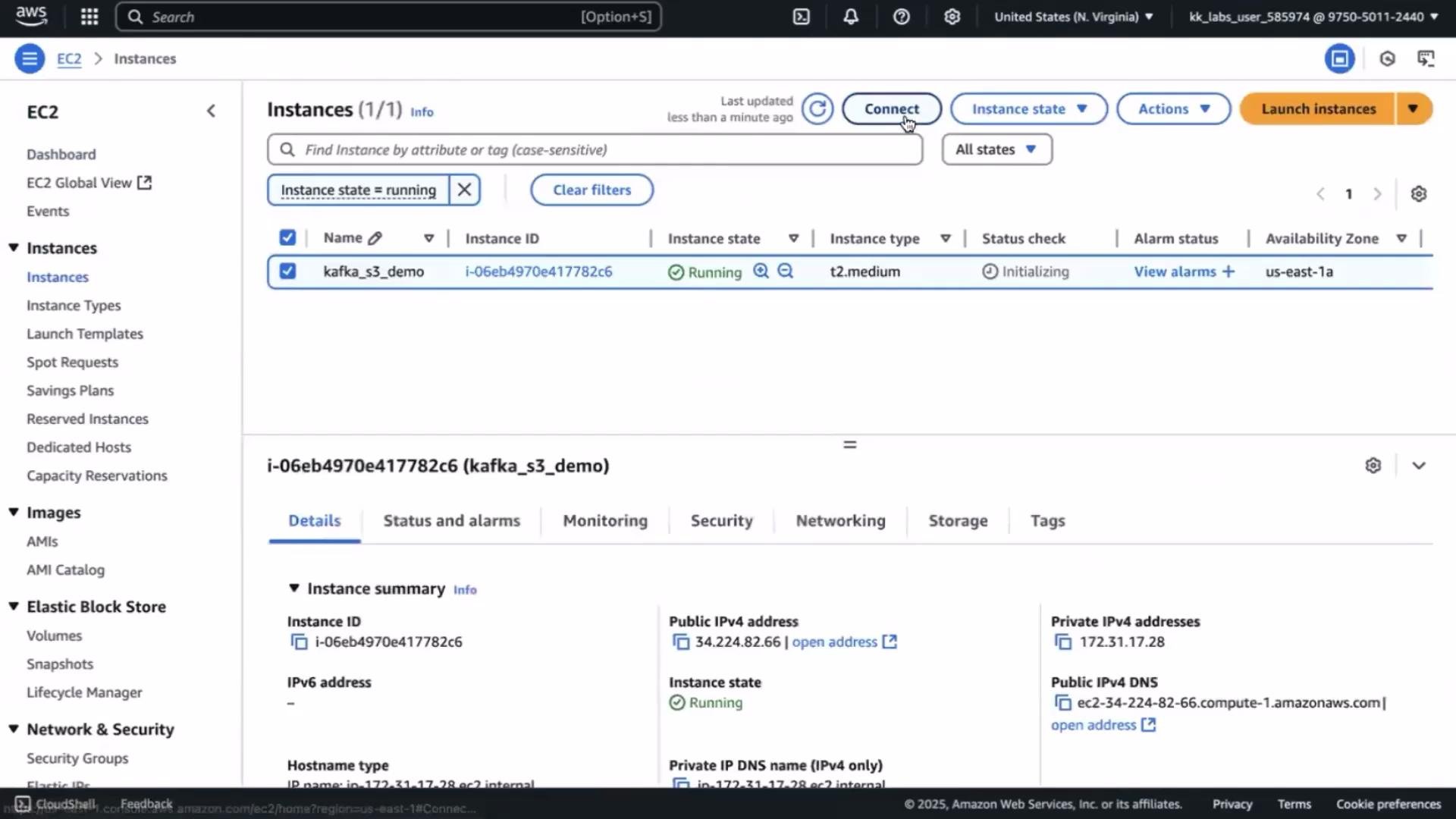 The image shows an AWS EC2 management console with details of a running instance named "kafka_s3_demo," including its state, type, and IP addresses.