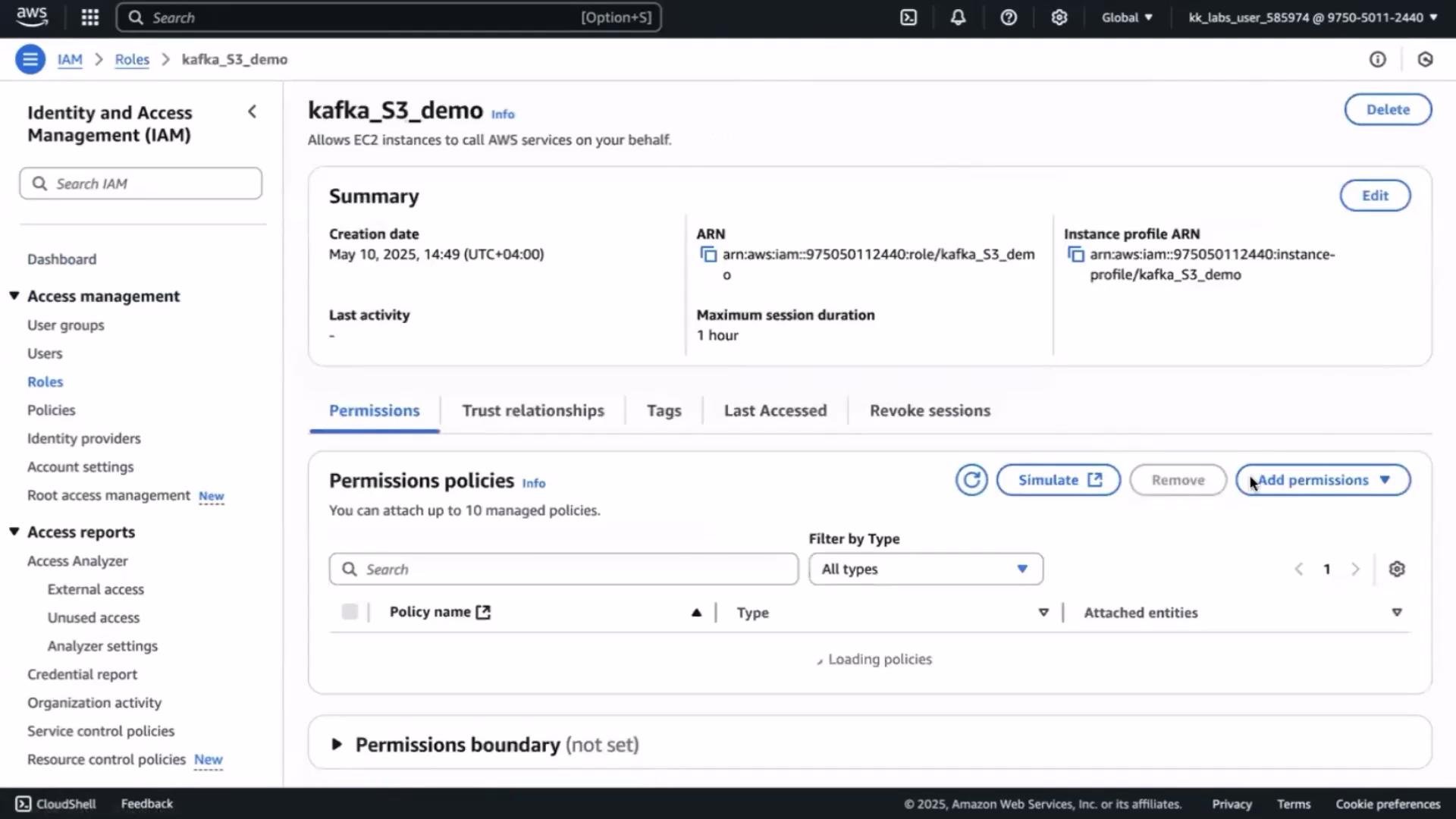 The image shows an AWS Identity and Access Management (IAM) interface displaying details for a role named "kafka_S3_demo," including its summary, permissions, and other settings.