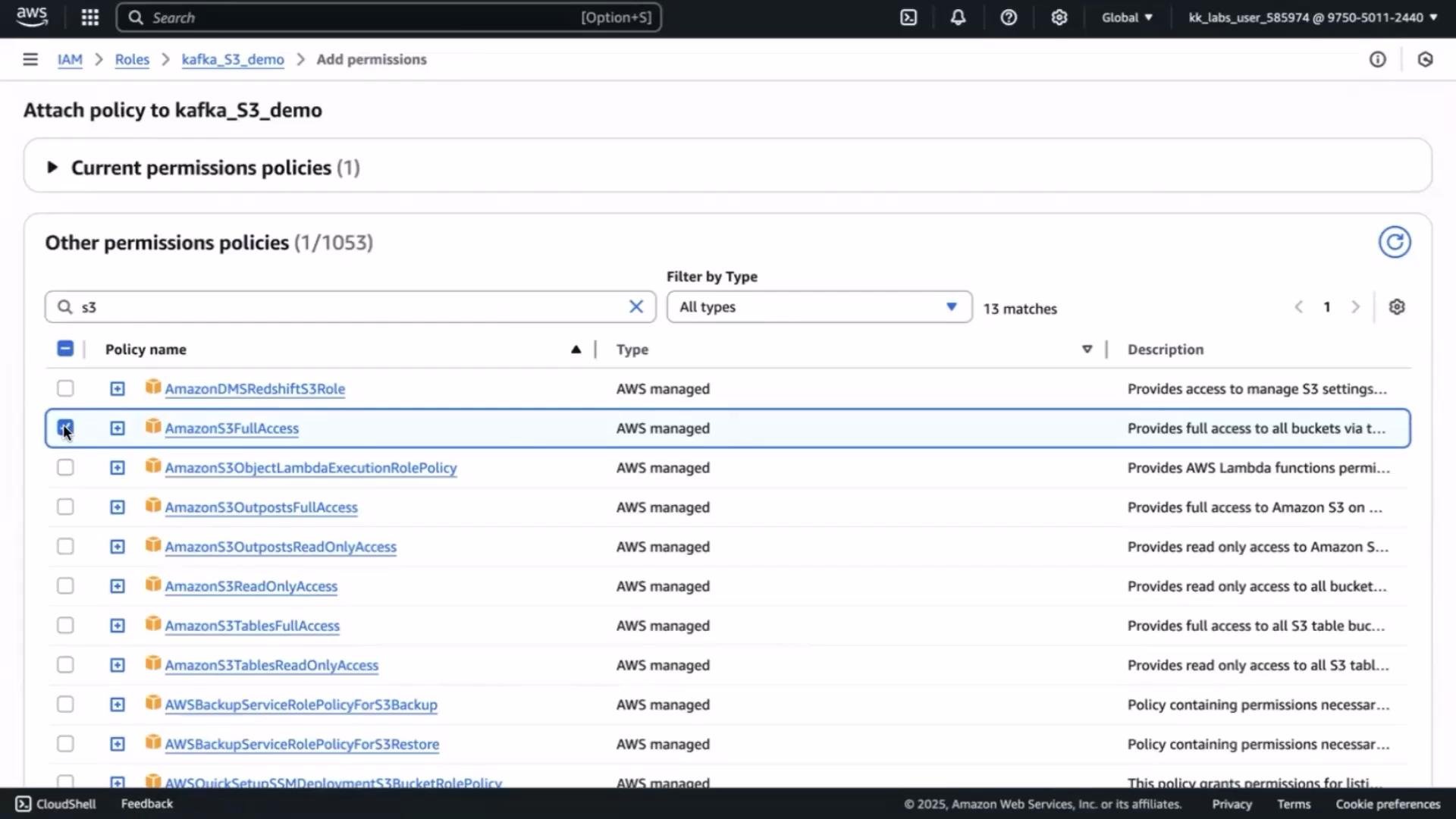 The image shows an AWS IAM permissions management interface where a user is selecting policy options related to Amazon S3, with "AmazonS3FullAccess" highlighted.