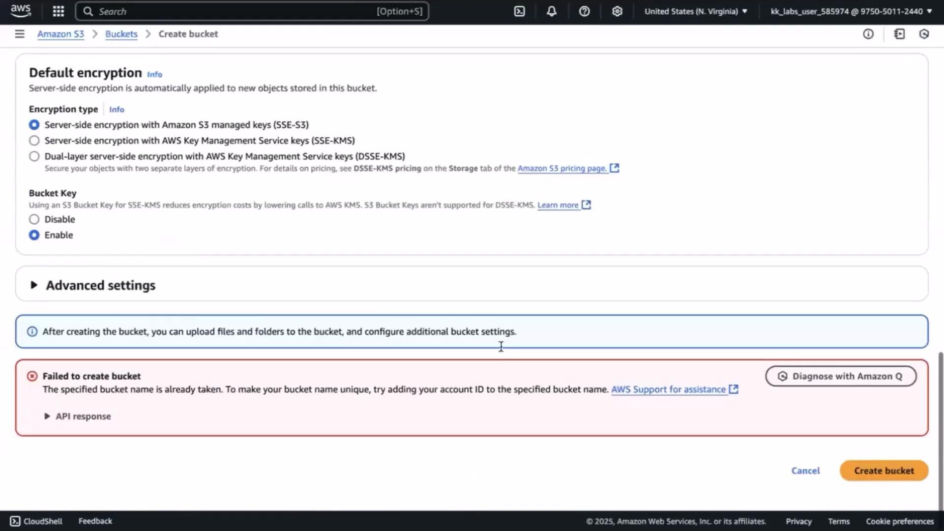 The image shows the AWS S3 bucket creation interface, displaying encryption options and a message indicating that the specified bucket name is already taken.