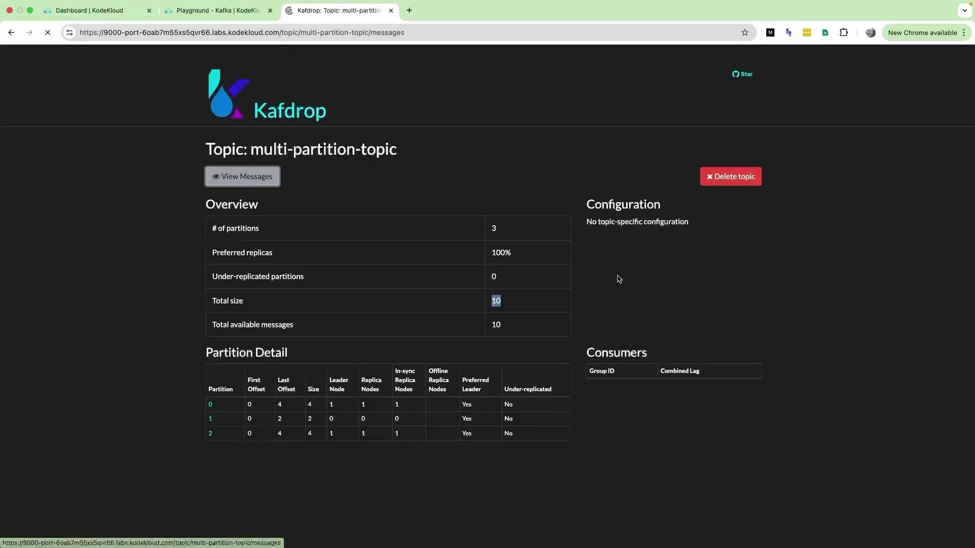 The image shows a Kafdrop dashboard displaying details of a Kafka topic named "multi-partition-topic," including an overview of partitions, replicas, and consumers.